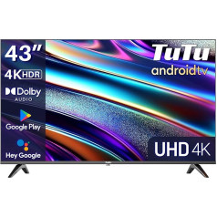 TuTu Smart TV 43 collu (108 cm) 4K UHD LED televizors Android TV ar Wi-Fi, HDR, trīskāršs DVB-C/S/S2/T/T/T2 uztvērējs, Bluetooth, Prime Video, Netflix, YouTube, DAZN, Disney+, TUS43UQ1A