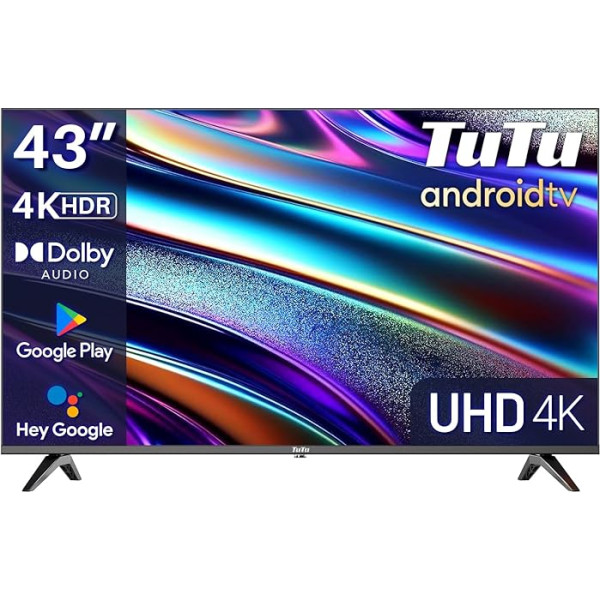 TuTu Smart TV 43 collu (108 cm) 4K UHD LED televizors Android TV ar Wi-Fi, HDR, trīskāršs DVB-C/S/S2/T/T/T2 uztvērējs, Bluetooth, Prime Video, Netflix, YouTube, DAZN, Disney+, TUS43UQ1A