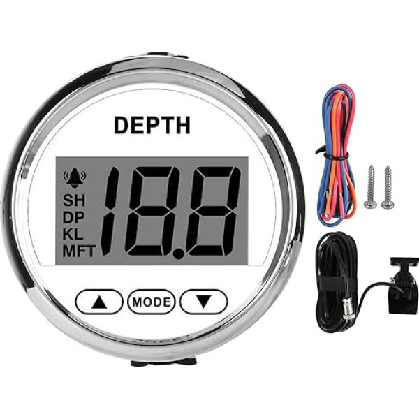 Srum Digital Echo Sounder, 2 collu In-Dash Echo Sounder sensors ar baltu apgaismojumu, DC 12 V ūdensizturīgs jūras dziļuma mērītājs 0-100 m/0-328 FT jahtām laivām