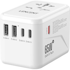 LENCENT universālais ceļojuma adapteris, GaN III 65 W starptautiskais lādētājs ar 2 USB-A un 3 C tipa PD ātrās uzlādes adapteriem, A/C/G/I (ASV/UK/ES/AUS) tipa kontaktligzdām, balts