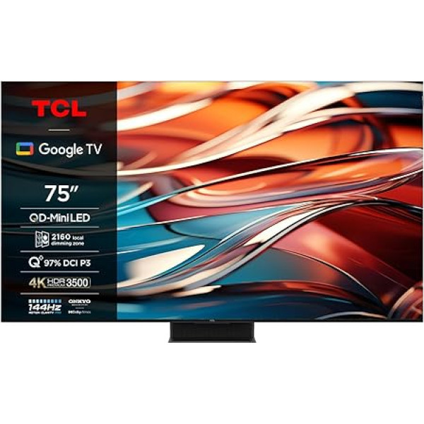 TCL 75Q10B 75 collu QLED PRO MiniLED televizors, 4K UHD, 4K HDR Premium 3500nits, Smart Google TV ar 144 Hz Motion Clarity Pro un Onkyo 2.1.2 Dolby Atmos skaņu