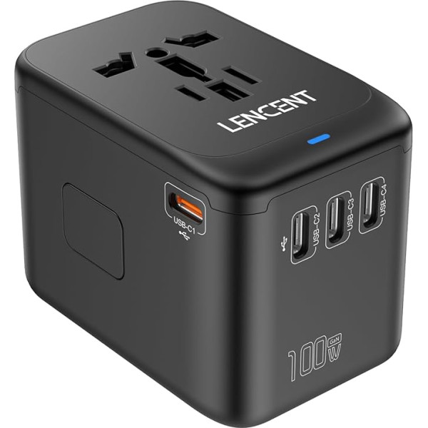 LENCENT 100 W starptautiskais ceļojuma adapteris, GaN universālā ceļojuma kontaktdakša ar 1 USB-A un 4 C tipa strāvas adapteri, ātrs lādētājs telefoniem, klēpjdatoriem, pasaules mēroga kontaktdakšas adapteris ASV, Lielbritānijai, ES un ASV, 