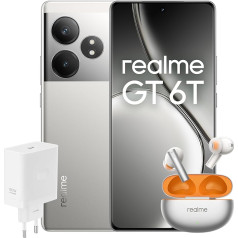 realme viedtālrunis GT 6T 256GB 8GB Fluid Silver EU + Buds Air 6 Flame Silver EU + SUPERVOOC 120W barošanas adapteris Balts