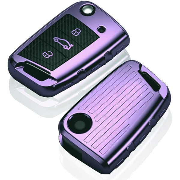 HIBEYO Flip Key Case Fits VW 3 Buttons Car Key Premium TPU Cover Key Case Protective Cover for VW Golf 7 MK7 Polo Skoda Karoq Seat Remote Control Carbon Fibre Purple