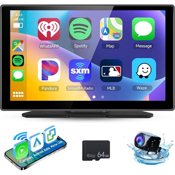 Hodozzy Pārnēsājamais auto radio Bezvadu CarPlay displejs Android automašīnai, Airplay Mirror Link, 9 collu skārienjūtīgais ekrāns CarPlay ekrāns ar Bluetooth, AUX/FM/SD karte, auto multimediju atskaņotājs ar kameru