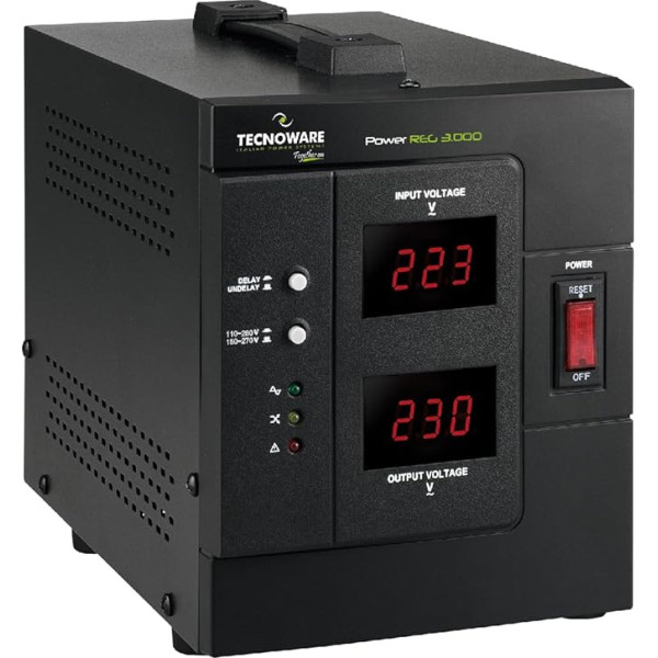 Tecnoware Power Systems - PowerReg 3000VA vienfāzes sprieguma regulators, aizsardzība pret sprieguma svārstībām un strāvas padeves pārtraukumiem, TV, HiFi, printeriem, UPS barošanas avots 230V, melns, 3000VA, metāls