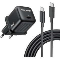 TECKNET 30 W USB-C lādētāja spraudnis, ar 2 m C tipa līdz C tipa lādēšanas kabeli, aprīkots ar GAN III ātrai uzlādei un pārnēsājamiem kompaktiem, piemērots iPhone/iPad/Mac/Samsung Galaxy/Google mobilajiem telefoniem