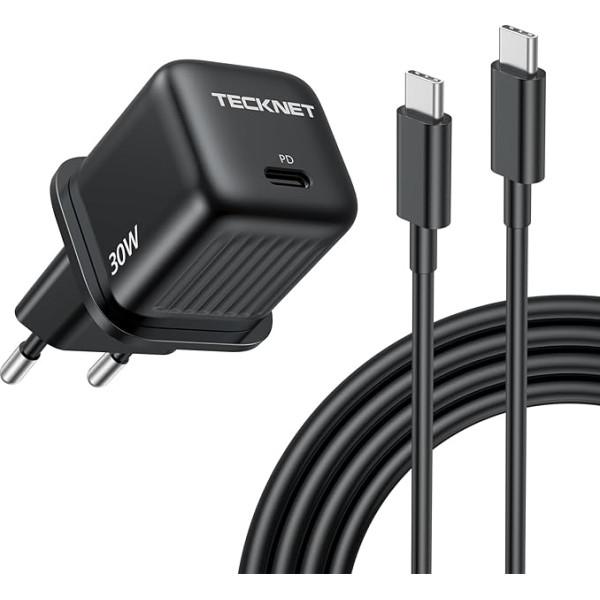 TECKNET 30 W USB-C lādētāja spraudnis, ar 2 m C tipa līdz C tipa lādēšanas kabeli, aprīkots ar GAN III ātrai uzlādei un pārnēsājamiem kompaktiem, piemērots iPhone/iPad/Mac/Samsung Galaxy/Google mobilajiem telefoniem