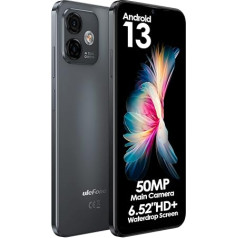 Ulefone Android 13 mobilais tālrunis bez līguma, Note 16 Pro, līdz 16 GB RAM + 128 GB ROM, 50 MP kamera, Dual SIM viedtālrunis, 6,52 collu HD+ ekrāns, 4400 mAh akumulators, pirkstu nospiedumu + sejas atbloķēšana GPS, melns