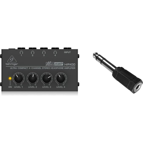 Behringer MICROAMP HA400 Ultra kompakts 4 kanālu stereo austiņu pastiprinātājs un PremiumCord adapteris no 6,3 mm stereo kontaktdakšas uz 3,5 mm stereo ligzdu no vīrieša uz sievieti