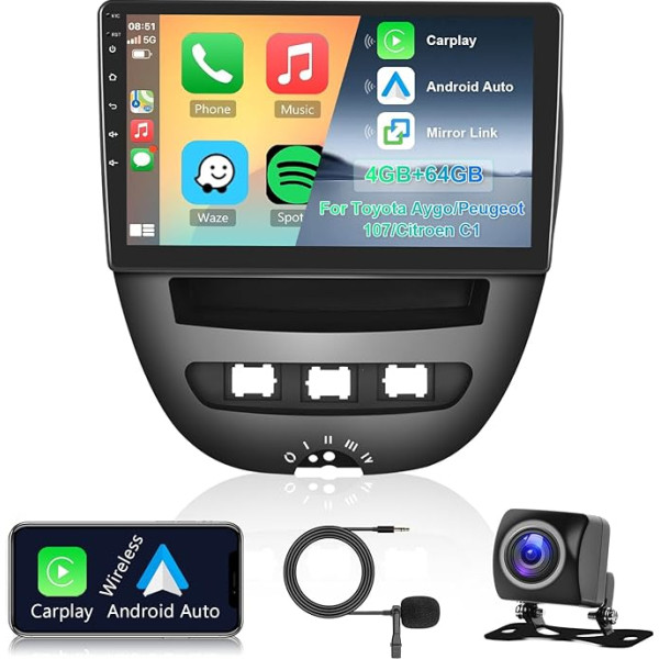 Hodozzy 4G + 64G auto radio Toyota Aygo/Peugeot 107/Citroen C1 2004-2014 Android 8 Core 10,1 collu IPS ekrāna navigācija ar Wireless Carplay Android Car, radio Bluetooth 2 DIN DSP WiFi FM RDS