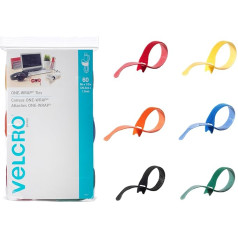 VELCRO zīmols One-Wrap kabeļu saites, 60 iepakojumā 8 x 1/2 collas daudzkrāsainas, spēcīgas, atkārtoti lietojamas kabeļu saites mājas birojam, datu centram