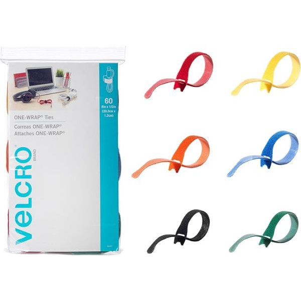 VELCRO zīmols One-Wrap kabeļu saites, 60 iepakojumā 8 x 1/2 collas daudzkrāsainas, spēcīgas, atkārtoti lietojamas kabeļu saites mājas birojam, datu centram