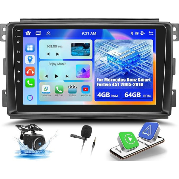 OiLiehu 4+64G 8 Core Android 13 Double DIN Radio priekš Mercedes Benz Smart Fortwo 451 2005-2010 CarPlay Android auto radio ar ekrānu 9