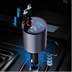 Thlevel izvelkamais 12 V auto lādētāja Cigarešu aizdedzinātāja adapteris 60 W USB un C tipa ar 2 C tipa kabeļiem Voltmetra LED indikators, kas saderīgs ar Huawei iPhone Galaxy 12 V / 24 V automašīnai, laivai, autofurgonam