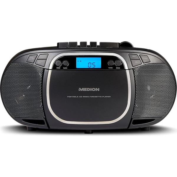 MEDION E66476 Stereo skaņas sistēma (Boombox, CD atskaņotājs, MP3, kasešu atskaņotājs, pārnēsājamais kasešu atskaņotājs bērniem, FM radio, AUX, austiņas, elektrotīkla un akumulatora pieslēgums), melna