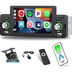 CAMECHO 1 DIN auto stereo ar CarPlay un Android Car, 5 collu auto radio, 1 DIN ar Bluetooth, brīvroku sistēma, atpakaļgaitas kamera, Mirror Link, FM radio