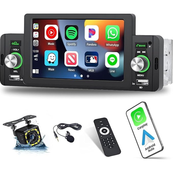 CAMECHO 1 DIN auto stereo ar CarPlay un Android Car, 5 collu auto radio, 1 DIN ar Bluetooth, brīvroku sistēma, atpakaļgaitas kamera, Mirror Link, FM radio