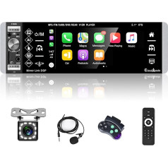 Hodozzy Automobiļu radio 1 DIN Carplay un Android ar 5,1 collu IPS ekrānu, Bluetooth, skārienjūtīgais ekrāns ar Mirror Link/FM/USB/AUX/SWC/SD/Mikrofons/balsa vadība + 12 LED atpakaļgaitas kamera