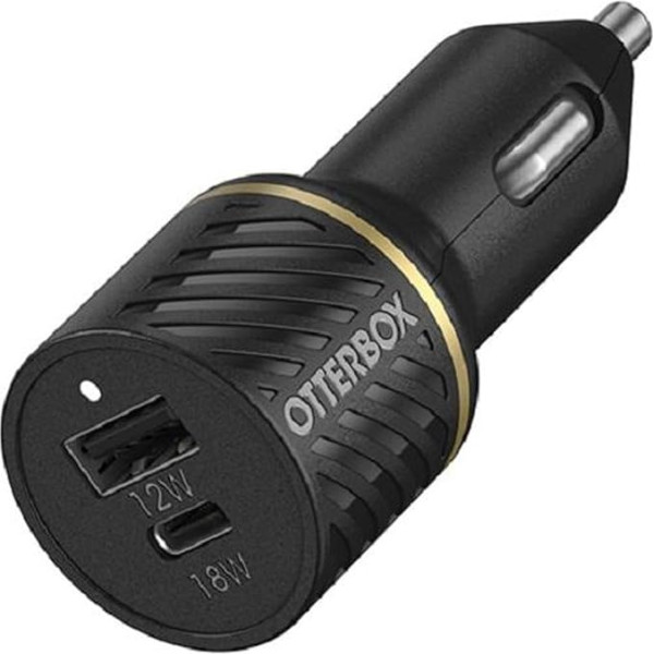 OtterBox divu pieslēgvietu 30 W auto lādētājs, USB-A 12 W + USB-C PD 18 W, auto lādētājs viedtālrunim un planšetdatoram, izturīgs pret kritieniem, melns