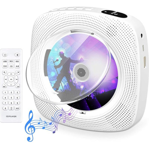 Gueray Portatīvs sienas Bluetooth CD atskaņotājs ar putekļu vāku Iebūvēts HiFi skaļrunis ar LCD displeju Mājas audio FM radio USB MP3 mūzikas atskaņotājs 3,5 mm AUX spraudnis un tālvadības pults