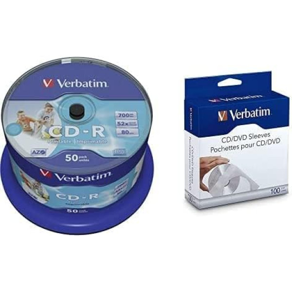 Verbatim CD-R AZO Wide Inkjet Printable 700 MB, 50 spoļu iepakojums, CD sagataves, 52x ierakstīšanas ātrums un ilgs kalpošanas laiks, komplektā ietilpst 100 BD vāciņi