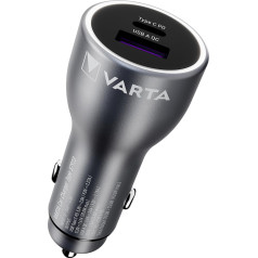 VARTA lādētājs, auto lādētājs ar 2 pieslēgvietām USB C tipa PD un USB A, auto lādētājs ar dubulto USB, auto mobilā tālruņa lādētājs, cigarešu aizdedzes adapteris