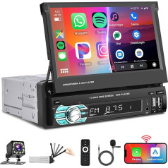 Podofo Bezvadu Carplay Android automašīnas 7 collu autoradio Bluetooth 5.1 1Din ar izvelkamu displeju Manuālais skārienekrāns, FM radio ar 2USB/AUX/SD/Stūres rata vadība ar atpakaļgaitas kameru/7 Krāsains