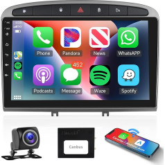 Podofo Apple Carplay autoradio Peugeot 308/408 2007-2015, Android auto GPS navigācija 9 collu HD skārienjūtīgais ekrāns WiFi Bluetooth FM RDS radio HiFi USB auto radio + AHD atpakaļgaitas kamera