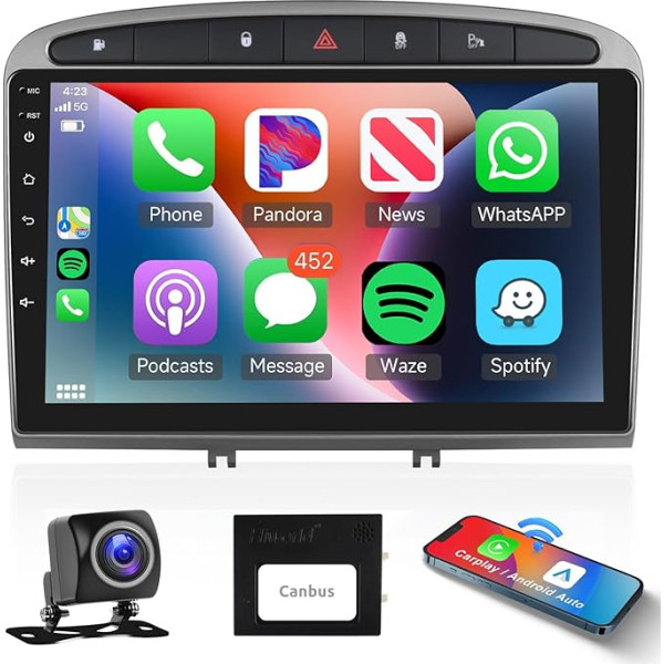 Podofo Apple Carplay autoradio Peugeot 308/408 2007-2015, Android auto GPS navigācija 9 collu HD skārienjūtīgais ekrāns WiFi Bluetooth FM RDS radio HiFi USB auto radio + AHD atpakaļgaitas kamera