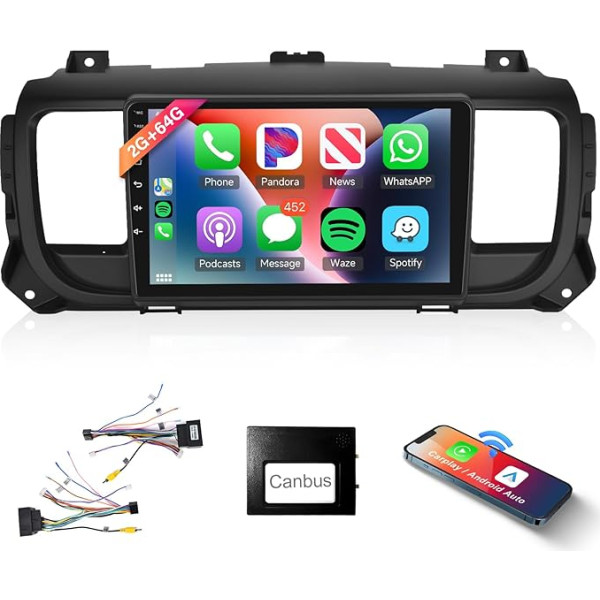 Podofo Carplay auto radio Citroen Jumpy 3/Peugeot Expert/Toyota Proace 2016, 9 collu skārienjūtīgais ekrāns, auto radio 2G + 64G ar bezvadu Carplay Android Car, Bluetooth/GPS/WiFi/FM/SWC/HiFi/USB+Reversing