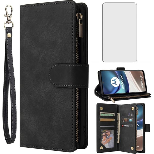 Asuwish Mobilais telefona futrālis priekš Motorola Moto G42 Case with Screen Protector and Card Slot Foldable Leather Wallet Stand G 42 4G Zip Tempered Glass Screen Protector Mobilais telefona futrālis Aizsargapvalks Telefonu aizsargvāciņi