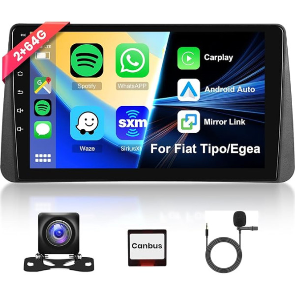 Hodozzy 2G 64G Android auto radio Fiat Tipo/Egea 2016-2020 Radio Carplay Android Car, 9 collu skārienjūtīgais ekrāns ar GPS navigāciju WiFi Bluetooth Hifi FM RDS ar Canbus atpakaļgaitas kameru 2 DIN radio priekš