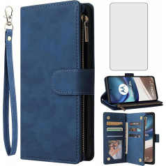 Asuwish Mobilais telefona futrālis priekš Motorola Moto G42 Case with Screen Protector and Card Slot Foldable Leather Wallet Stand G 42 4G Zip Tempered Glass Screen Protector Mobilais telefona futrālis Aizsargapvalks Telefonu aizsargvāciņi