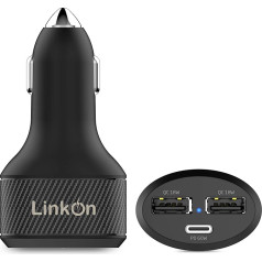 LinkOn auto lādētājs ar USB-C PD3.0 un USB-A Qualcomm QC3.0, kas paredzēts MacBook, Google Pixel, iPad, iPhone X, 8, Samsung S8 S9 S10 S10+ Android un Nintendo Switch ierīcēm