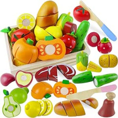 Beberolen Children's Kitchen Play Kitchen Accessories Wooden Toy Kitchen Toy Cutting Fruit Vegetable Food Wood with Velcro Connection for Children I Educational Toy Role Play Gift