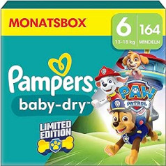 Pampers Paw Patrol (Baby-Dry), autiņi, 6. izmērs (13 kg–18 kg), ierobežots izdevums, 164 autiņi, līdz 12 stundām visaptveroša aizsardzība pret noplūdēm