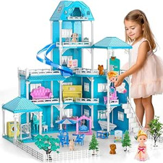 Doloowee lėlių namelis, 4 lygių lėlių namelis, mergaičių „pasidaryk pats“ namas su priedais ir lėlėmis, dovana vaikams nuo 3 metų