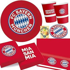 HHO FC Bayern Munich ballīšu komplekts 16 futbola līdzjutējiem 78 gabali Šķīvji Krūzes Salvetes Paliktņi 2 galdauti