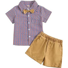 Sommer Bekleidungsset Junge Sommeranzug für Kleinkinder, Jungen, Kariertes Kurzarmhemd mit Fliege, einfarbige Shorts, Leistungsanzug, Gentleman-Anzug