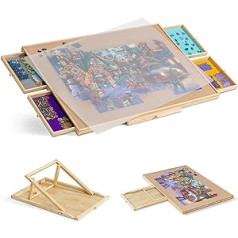 Tektalk Portable Wooden Puzzle Table/Plateau/Board with Built-in Adjustable Stand/Bracket, Clear PP Cover, 4 Sorting Drawers for up to 1500 Pieces