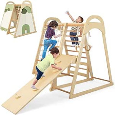 GOPLUS 6 in 1 Multifunctional Climbing Frame, with Slide & Climbing Net & Climbing Rocks & Removable Tent & Ladder & Monkey Poles & Gym Rings, Climbing Triangle for Children from 3 Years