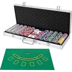 COSTWAY 500 lazerinių žetonų pokerio rinkinys, pilnas pokerio rinkinys su žetonais, 2 žaidimo kortos, 5 kauliukai, 3 pardavėjo žetonai ir staltiesė, kazino pokerio dėklas, aliuminio su 2 raktais (sidabro spalvos)