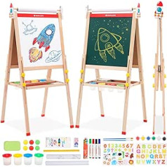3-in-1 Children's Easel, Height-Adjustable Children's Wooden Play Board, Foldable Double-Sided Art Easel for Children with Chalkboard, Whiteboard, Paper Roll, Children's Board for Ages 3-16 Years and