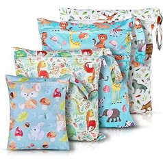 Wet Bag Nursery - Wet Bags, Wet Bag, Pack of 4 Wet Bags, Nappy Bag, Cloth Nappies, Waterproof, Changing Bag Organiser Bags, Reusable Nappy Bags with Zip for Baby Toddler, Animal, Wet pocket