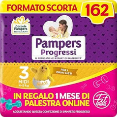 Pampers Progressi & Fit Prime Midi, īss izmērs, 162 autiņi, 3. izmērs (4-9 kg), 1 mēneša tiešsaistes sporta zāles dāvana