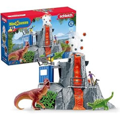 schleich 42564 DINOZAURI liela vulkāna ekspedīcija, dinozauru rotaļlietu komplekts ar vulkānu ar LED gaismu un evakuācijas funkciju, pētnieka figūra un 2 dinozauru figūras, ieteicamais vecums 5–12 gadi