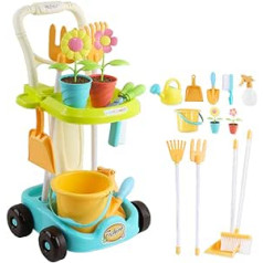 deAO dārza rīks bērniem un ratiņu rotaļu komplekts ar grābekli, lāpstu, lejkannu, spaini un dārza piederumiem - jautra mācību rotaļlieta bērniem, 26 daļ.