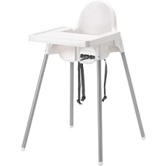Aukšta kėdutė su lentyna, saugos diržu, balta/sidabrinė