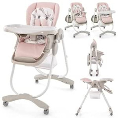 COSTWAY sulankstoma aukšta kėdutė kūdikiui, kūdikio kėdutė su atlošimo funkcija, ratukai ir dvigubas padėklas, krepšys daiktams saugoti, maitinimo kėdutė su reguliuojamu aukščiu, atrama kojoms ir atlošu 6–36 mėn. (rožinė)